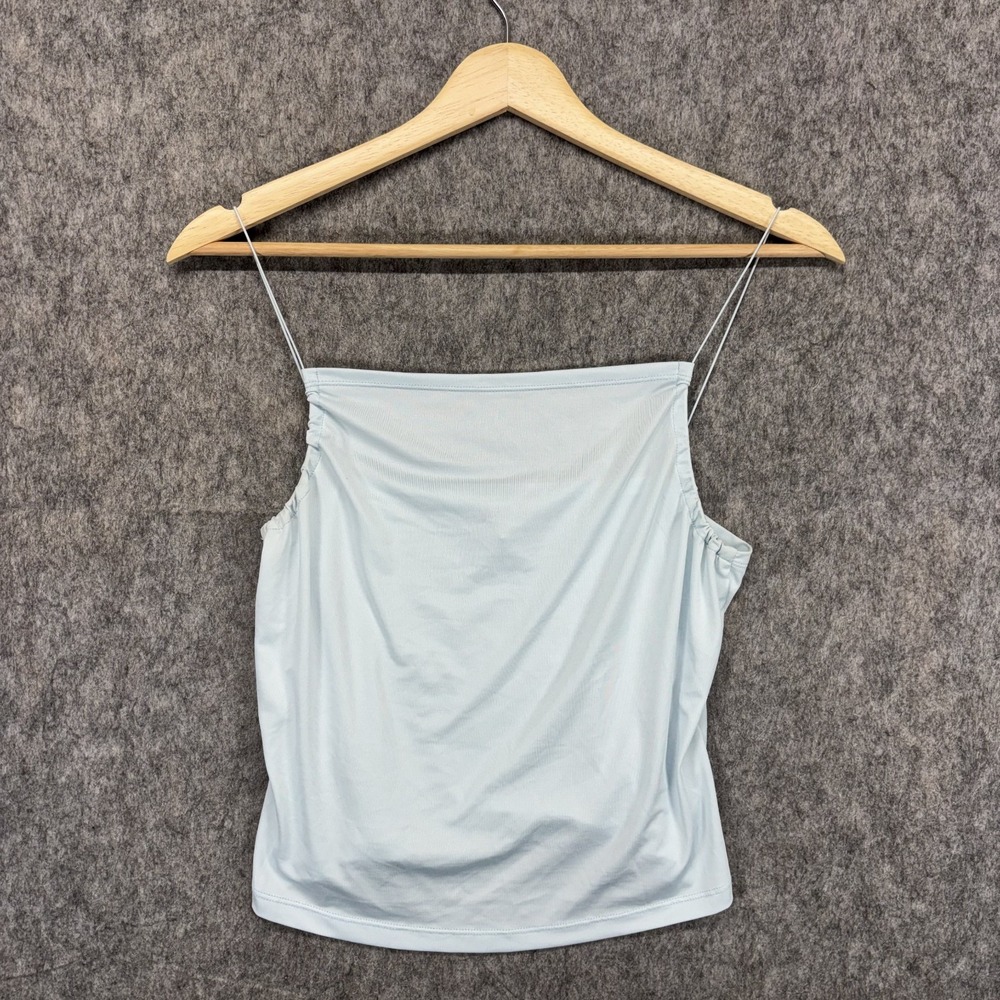 I AM GIA Cami Tank Top Ruched Side Spaghetti Strap Slinky Fabric Blue
